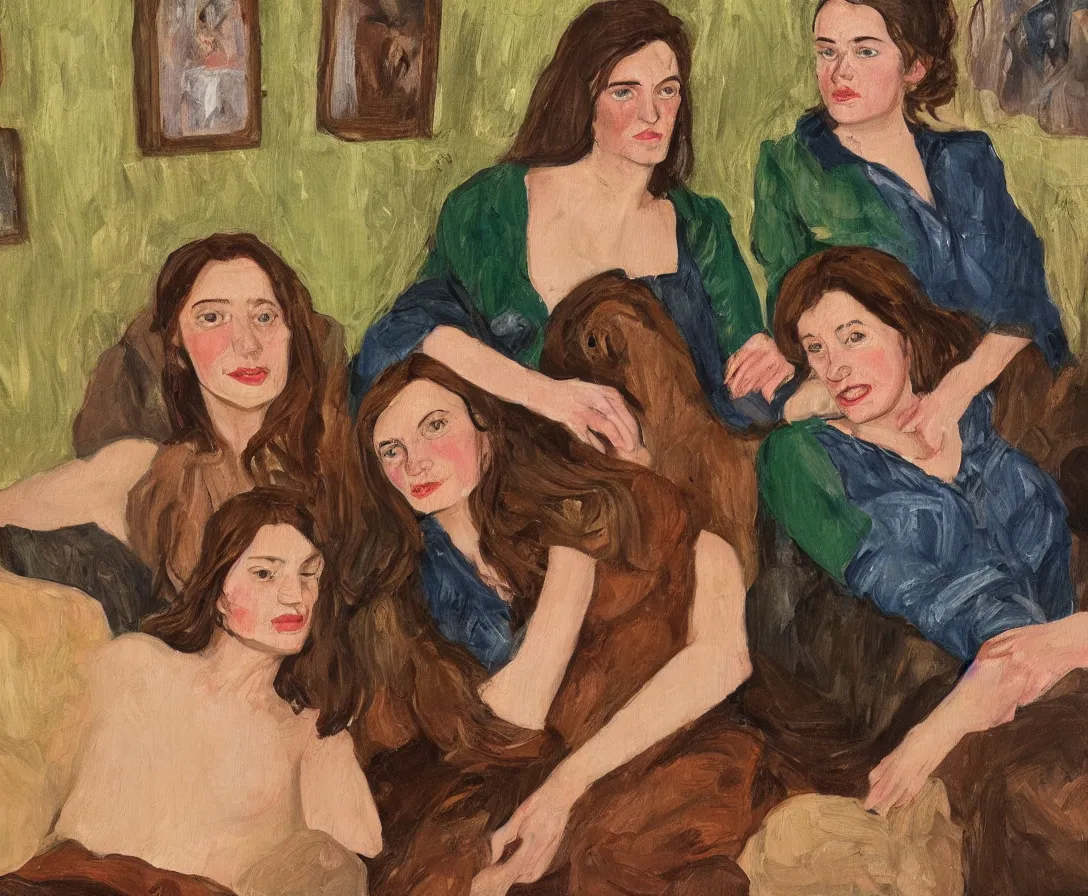 Image similar to portrait of pretty bella and esther with brown hair lying horizontal next to each other, in an old english apartment on a brown leather sofa. one is wearing a dark blue sweather, the other a white shirt. close up. in the style of lucien freud. oil painting. green light. thick colorful brush strokes. smiling