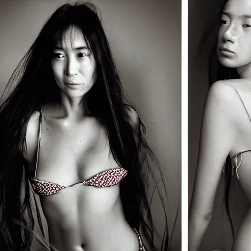 Prompt: Portrait of a woman, wearing a bikini, elegant, long brown hair, photography, by Nobuyoshi Araki, by Terry Richardson, by David LaChapelle, by Marat Safin, by Connor Hibbs, Canon EOS R3, f/1.4, ISO 200, 1/160s, 8K, RAW, unedited, symmetrical balance, in-frame