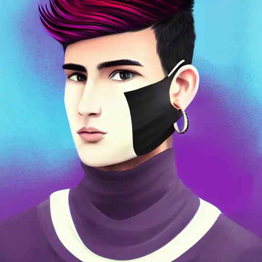 Image similar to professional digital art of a stylish young adult man with short dyed hair, a black face mask, earrings, and striped clothes, high quality, HD, 8K, highly detailed, award-winning, sci-fi, fantasy, movie character, dark purple clouds