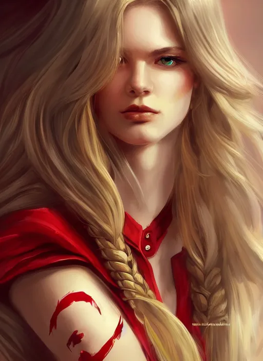 Image similar to a highly detailed illustration of beautiful long dirty blonde haired pale girl wearing red epaulette uniform, red eyes, dramatic seductive pose, curvaceous, intricate, elegant, highly detailed, centered, digital painting, artstation, concept art, smooth, sharp focus, league of legends concept art, WLOP