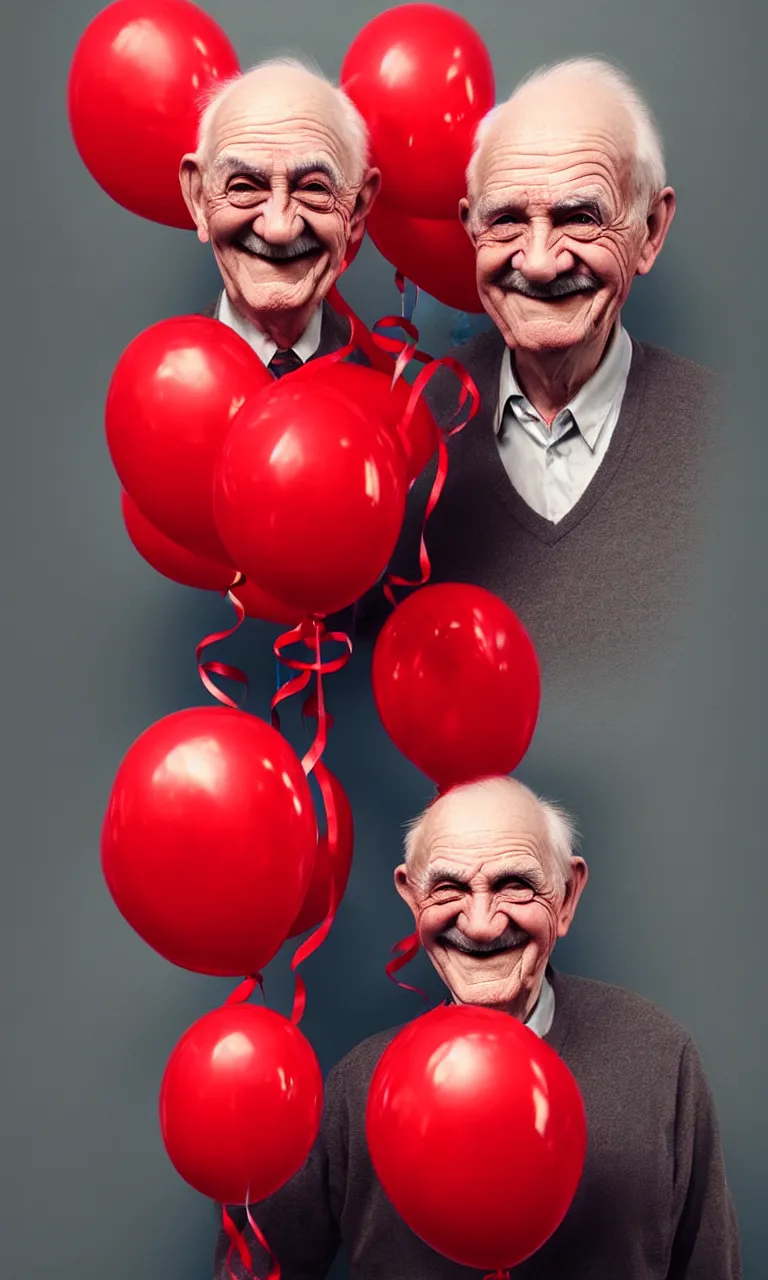 Image similar to waist up portrait of smiling old man with red balloons, highly detailed, digital painting, concept art, smooth, sharp focus, epic composition, award winning photography, gothic art, artstation, concept art, beautiful render, art by artgerm and wlop