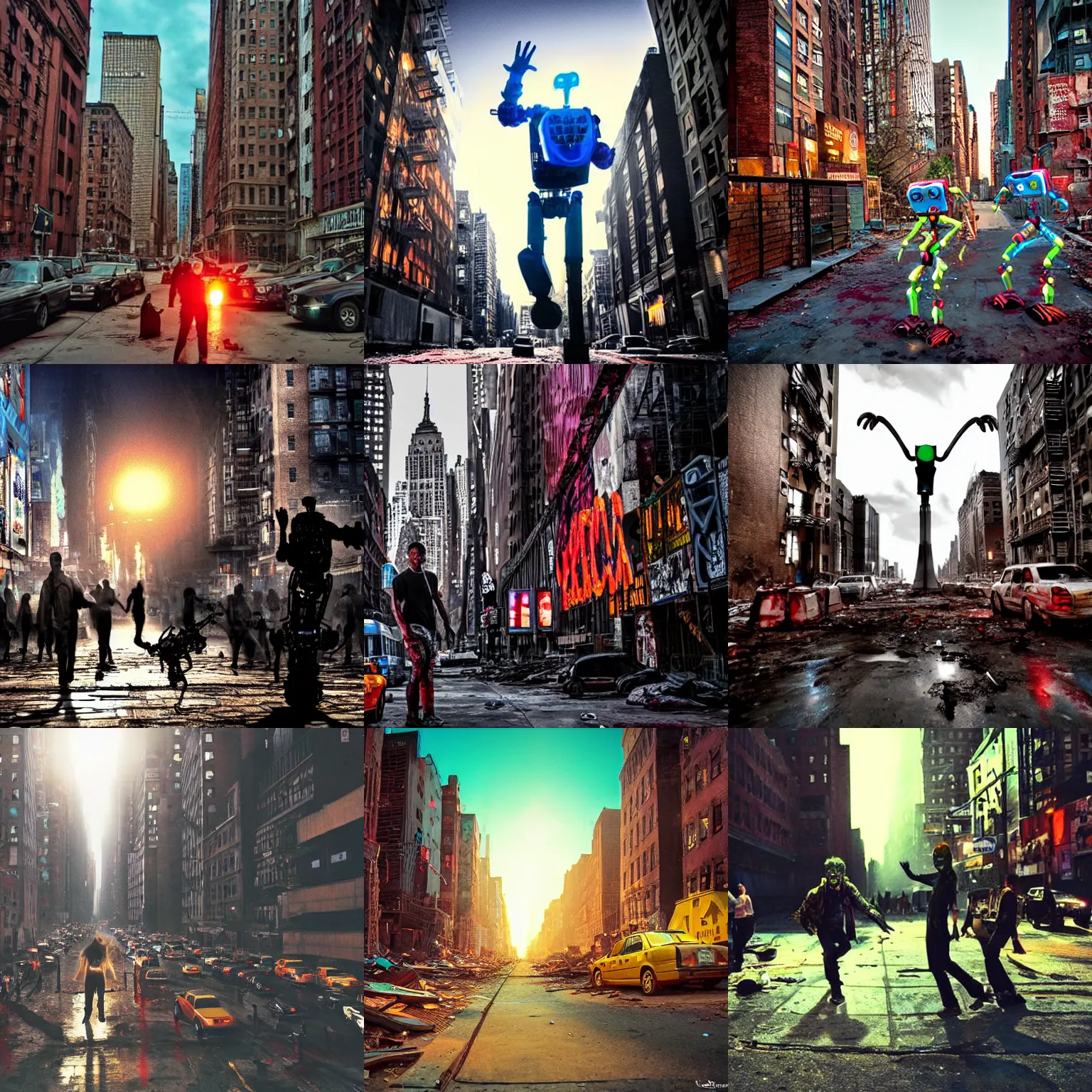 Prompt: <photo hd stunning dslr location='new york slums' lighting=vibrant>zombie robot dancing</photo>