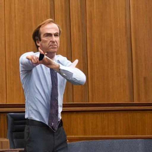 Prompt: saul goodman doing t - pose in courtroom to intimidate prosector