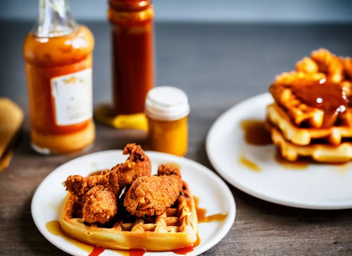 Image similar to dslr food photograph of a belgian waffle with fried chicken on top drizzled with maple syrup and a bottle of hot sauce on the side, 8 5 mm f 1. 8