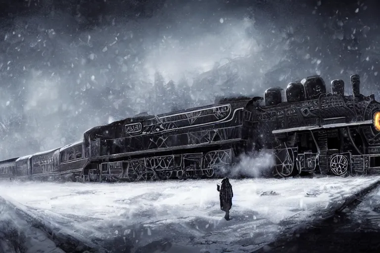 Image similar to a grand intricate futuristic black steam train next to a giant mammoth, post - apocalyptic ice landscape in snowstorm, concept art, artstation, highly detailed, digital art