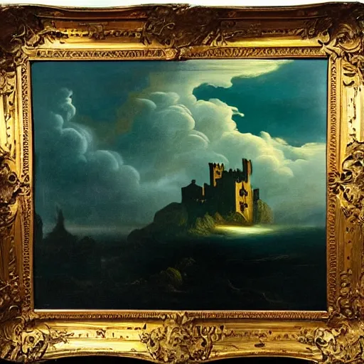 Prompt: baroque painting of a dark teal castle floating on a rain cloud, stars in the distance, fantasy realm, golden windows, beautiful