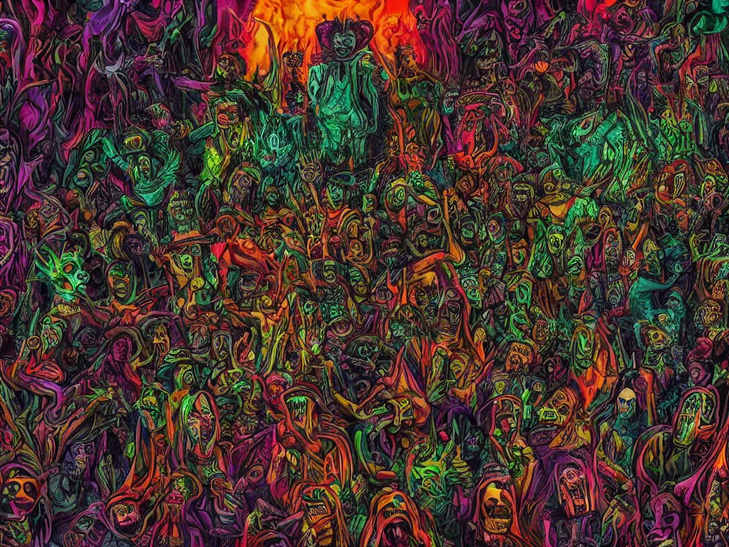 Image similar to a psychedelic tour through the hell filled with demons, dark colours, patterns, highly realistic, 4 k, 8 k, scary