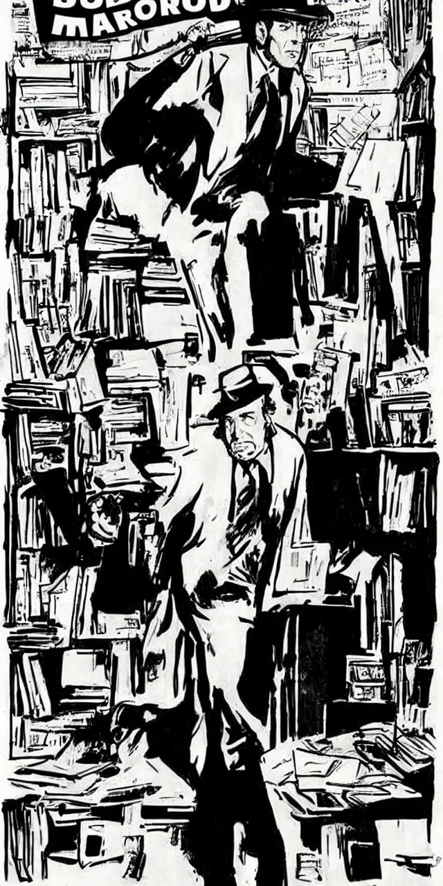 Prompt: cover poster of Philip Marlowe in his office by Mike Mignola