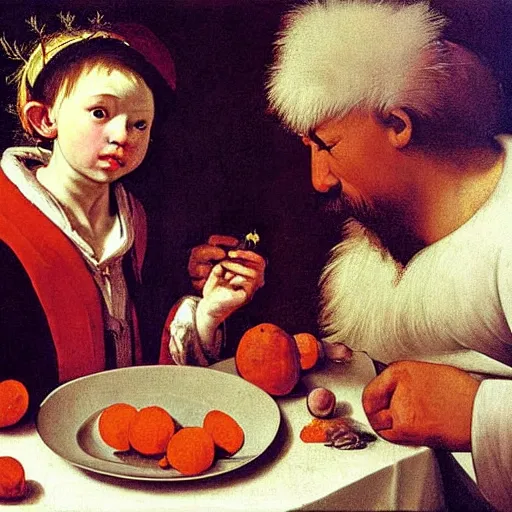 Prompt: Father Christmas eating oranges Painted by Caravaggio