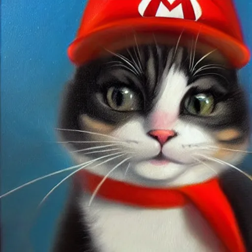 Prompt: A beautiful oil painting of a Kawaii Cat wearing a Super Mario Hat, art by old masters, volumetric lighting, photorealistic, highly detailed.