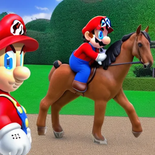 Prompt: female Mario Riding a horse