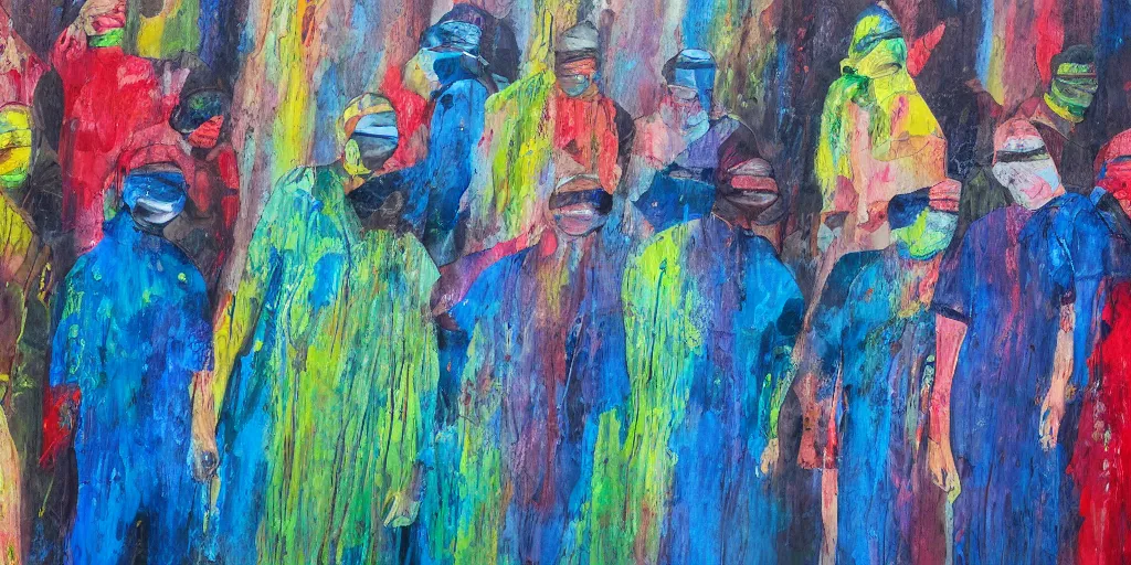 Prompt: detailed painting of blindfolded people