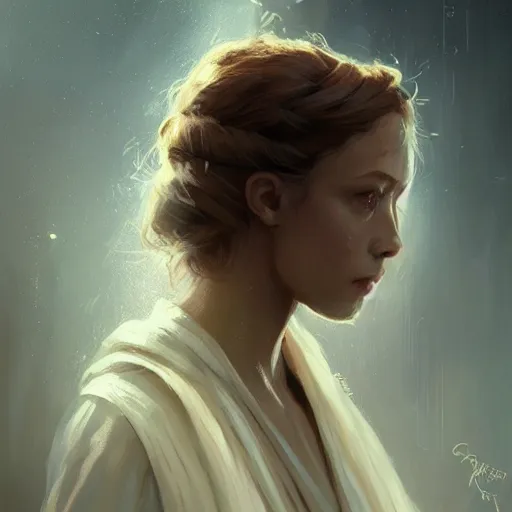 Prompt: portrait of a woman by greg rutkowski, jedi princess knight, curly redhead, jedi robes, star wars expanded universe, she is about 2 0 years old, elegant, graceful, wearing jedi robes, highly detailed portrait, digital painting, artstation, concept art, smooth, sharp foccus ilustration, artstation hq