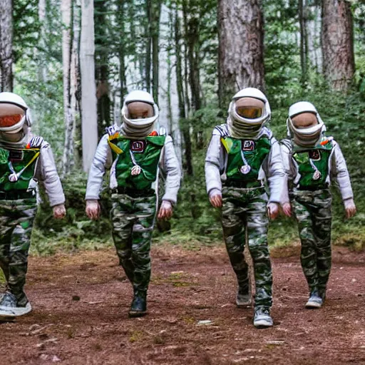 Image similar to a squad of space scouts wearing camo uniforms with white armor and helmets exploring a forest planet