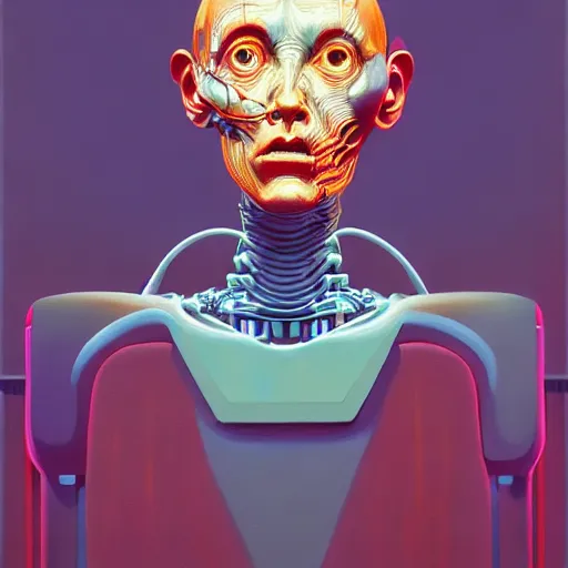 Prompt: Portrait of an artificial intelligence robot,highly detailed, very coherent, painted by Francis Bacon and Edward Hopper, Wayne Barlowe, painted by James Gilleard, surrealism, airbrush, art by JamesJean