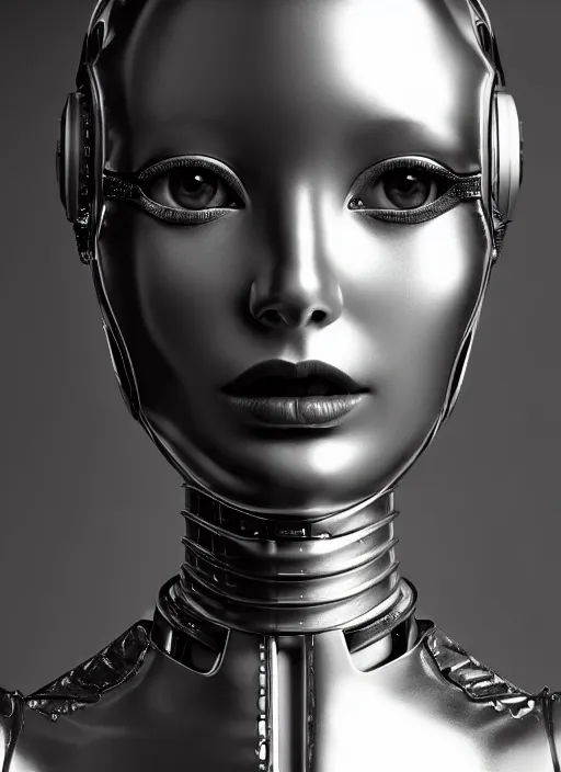 Image similar to a beautiful young female futuristic robot profile face photo, daguerrotype, closeup - view, f / 2. 8, low contrast, 1 6 k, beautiful lighting, reflective, insanely detailed and intricate, hypermaximalist, elegant, ornate, hyper realistic, super detailed, surreal dreamy poetic