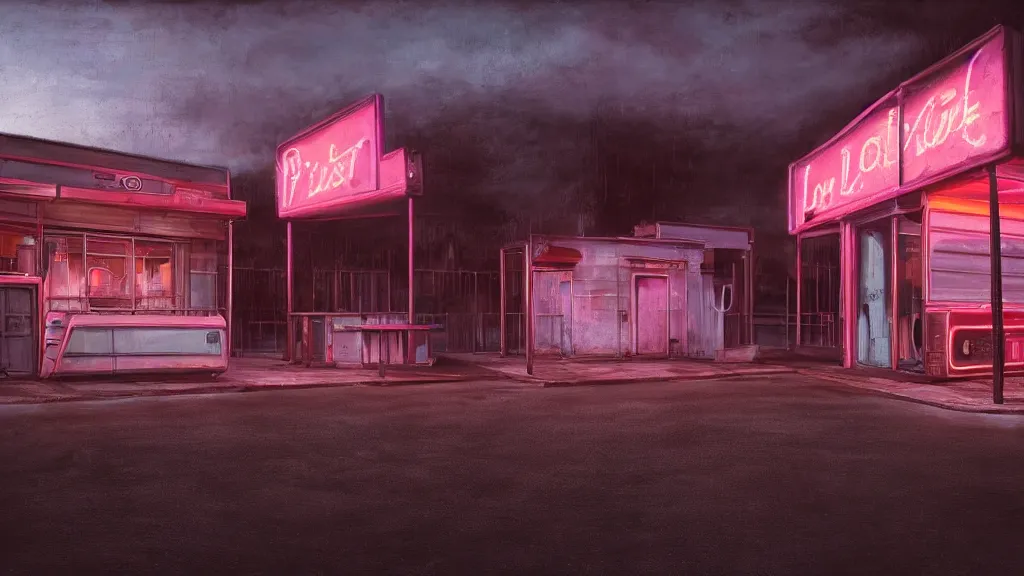 Prompt: an empty parking lout outside an abandoned retro diner at night, by lee madgwick and bastien lecouffe - deharme, pink and orange neon lights, highly detailed, photorealistic, artstation trending, cryenging 8 k uhd