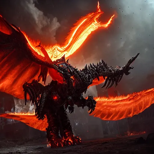 Image similar to 4k unreal engine render of Deathwing spreading his fire in a epic way, dynamic lighting, stunning visuals, cinematic, ultra detailed, trending on art station, fantasy concept art