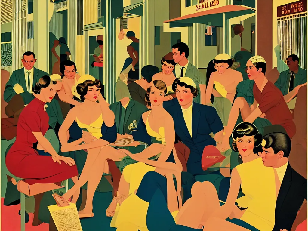 Prompt: small group of people meeting in the city of salvador, brazil, diverse people, sparsely populated, upscale, 1960s, speakeasy, relaxed pose, art deco, detailed painterly digital art style by Coles Phillips, retro vibe, furaffinity, 8k octane beautifully detailed render, post-processing, extremely hyperdetailed, intricate, epic composition, grim yet sparkling atmosphere, cinematic lighting + masterpiece, trending on artstation, very detailed, noir, pastel colors, Art Nouveau, masterpiece, romanticism