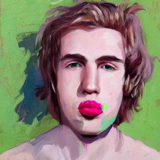 Image similar to portrait of 2 0 year old white man with big pink lips, messy medium length hair