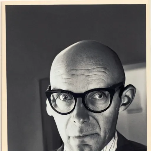 Prompt: photograph of bald man with big ears and glasses. He is checking off boxes on a paper form