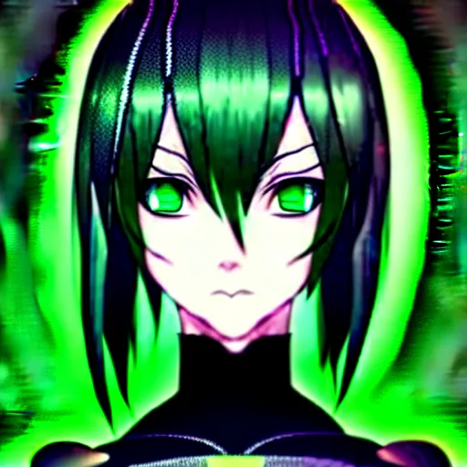 Image similar to a woman with dark green hair and glowing green eyes, anime, artstation, trending on artstation, high quality