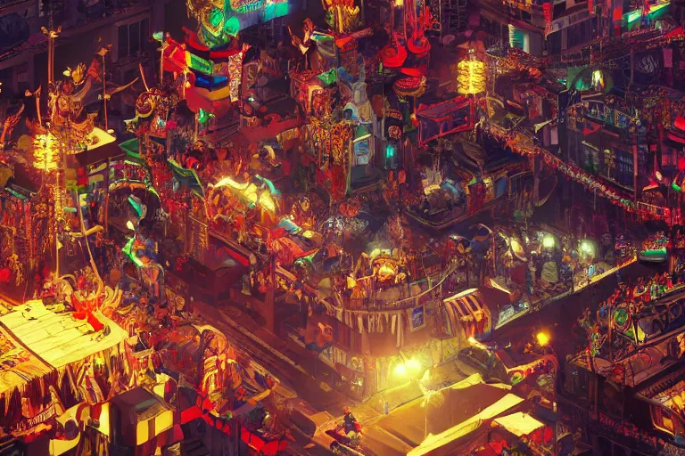 Prompt: Carnival, very highly detailed face's and body's. Voxel grapics concept art by Caravaggio, Details by Caravaggio , cyan dimensional light, , Cyberpunk city as Background by Hiromasa Ogura