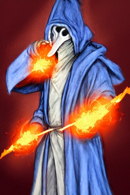 Prompt: a color pencil sketch of a plague doctor with a white plague mask and a blue wizard robe holding his right hand casting a orange firey spell, as a d & d character, blue robe, magical, blue and orange highlights, hip hop aesthetic, concept sheet, painting by gaston bussiere, demon slayer, akiri toriyama, dramatic lighting, professional digital art, anime