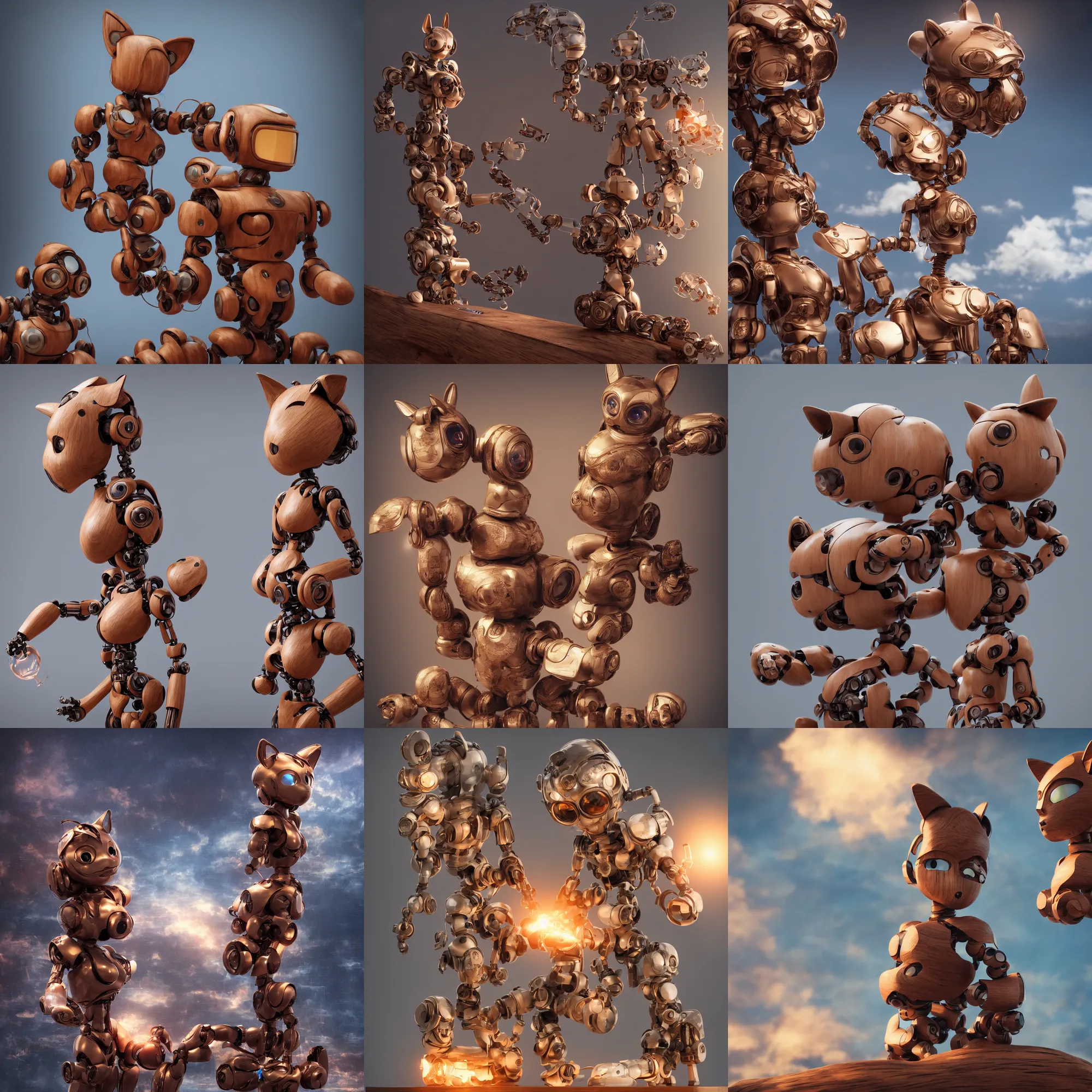 Prompt: 3 d octane render, ultra photorealistic, 8 k hyper detailed image, a beautiful wooden statue of a cute figurine of a robot wood with cat ears on a magic cloud, cyberpunk, klim