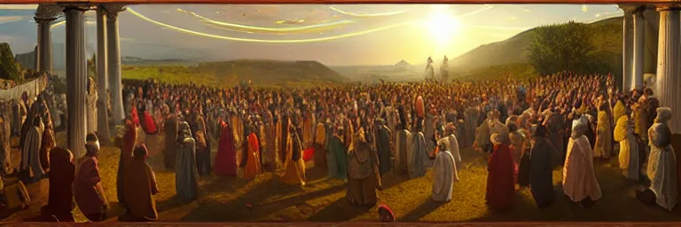 Prompt: a crowd of worshipers praying to a portal to heaven, by James Gurney, luminous lighting, cinematic, panoramic, aspect ratio 1:3