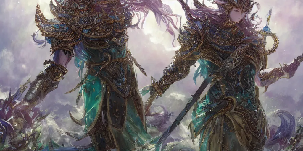 Image similar to an anime landscape of a knightly merfolk from magic the gathering wearing a ornate detailed armor garments and an atlantean crown, in a mystical forest from skyrim, by stanley artgerm lau, wlop, rossdraws, james jean, andrei riabovitchev, marc simonetti, and sakimichan, trending on artstation