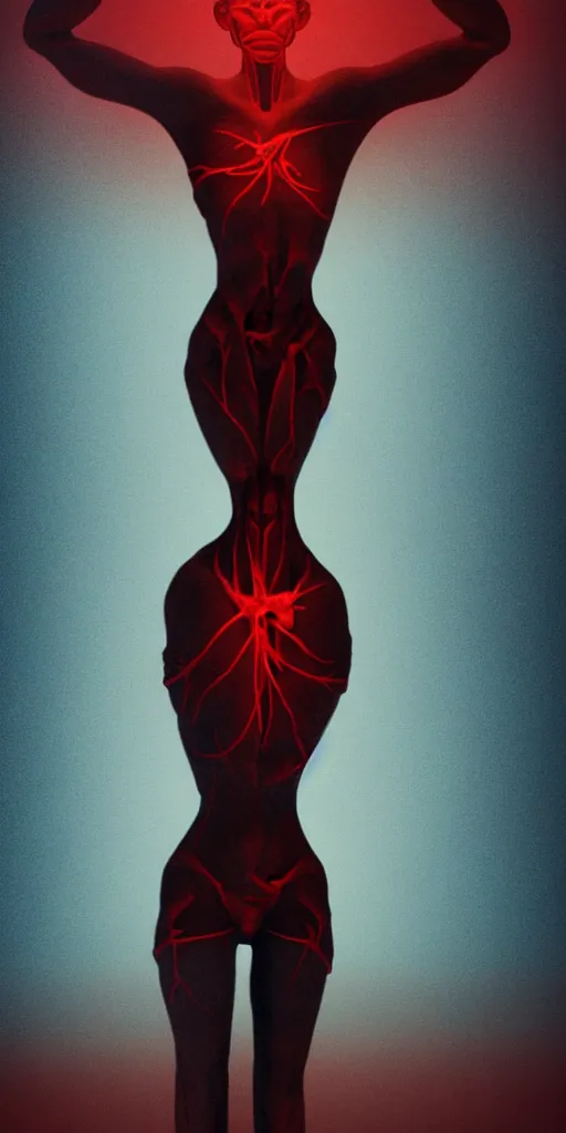 Image similar to poster design, full body anatomical model, 3 d photographic render of a deconstructed asymmetric human anatomical correct human body, in hoc signo vinces, waterfall, in the style of leonora carrington, gottfried helnwein, intricate composition, blue light by caravaggio, insanely quality, highly detailed, masterpiece, red light, artstation