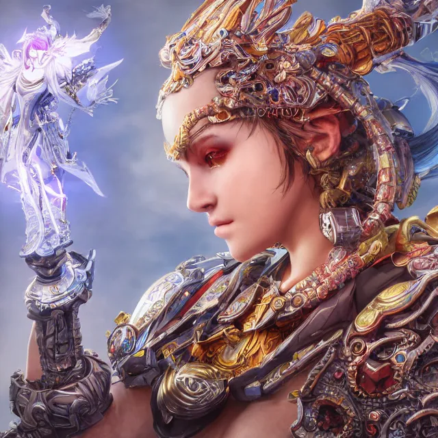 Image similar to studio portrait of lawful good colorful female holy mech paladin as absurdly beautiful, graceful, young sensual gravure idol, ultrafine hyperrealistic detailed face illustration by kim jung gi, irakli nadar, intricate linework, sharp focus, bright colors, matte, octopath traveler, final fantasy, unreal engine highly rendered, global illumination, radiant light, intricate environment