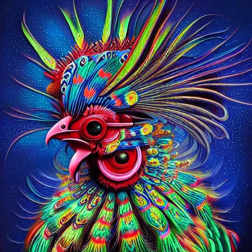 Prompt: an extremely psychedelic portrait of a robotic rooster wearing a hoodie, surreal, LSD, face, detailed, intricate, elegant, lithe, highly detailed, digital painting, artstation, concept art, smooth, sharp focus, illustration, art by Jason Edmiston