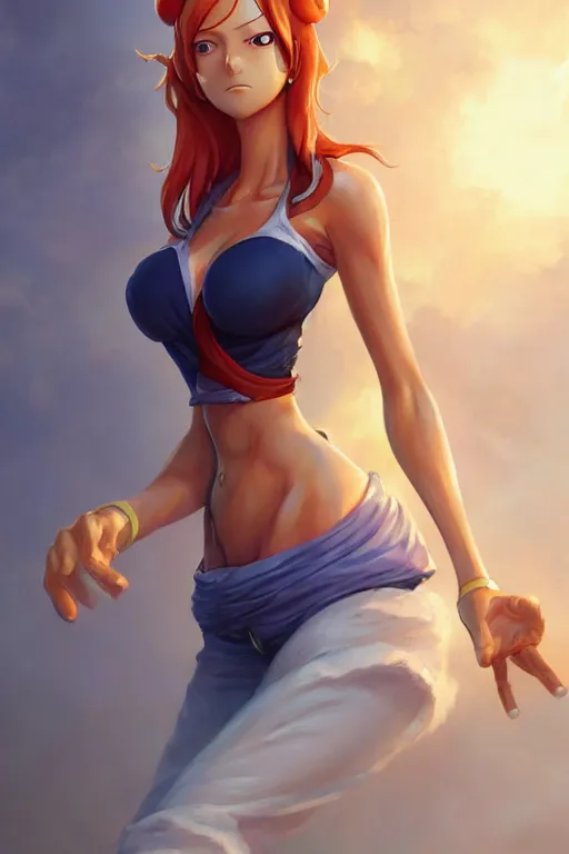 Image similar to Nami from One Piece, anatomy, only two hands, highly detailed, digital painting, artstation, concept art, smooth, sharp focus, illustration, Unreal Engine 5, 8K, art by art by artgerm and greg rutkowski and edgar maxence