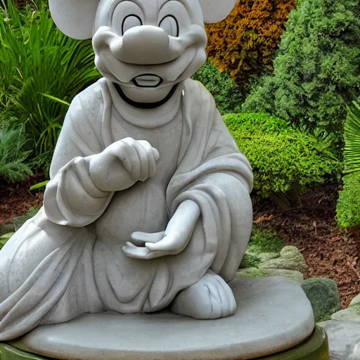 Image similar to marble statue of mickey mouse meditating in a rococo japanese garden