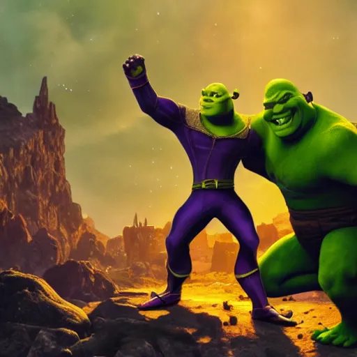 Prompt: Shrek vs Thanos, trending on artstation, establishing shot, epic fight, oil on canvas