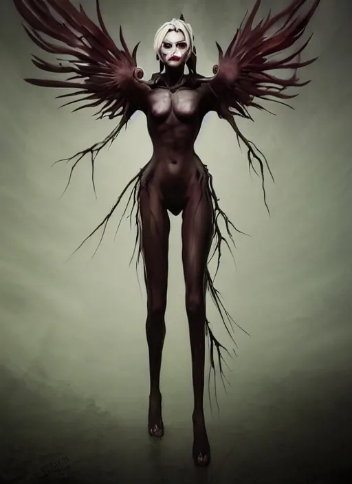 Image similar to dark full body painting of mercy from overwatch, in style of zdzisław beksinski, scary, horror, 4 k, feminine facial features, overwatch mercy character, horror, body horror, disturbing, detailed face, dressed in dark garment, black tendrils, tall,