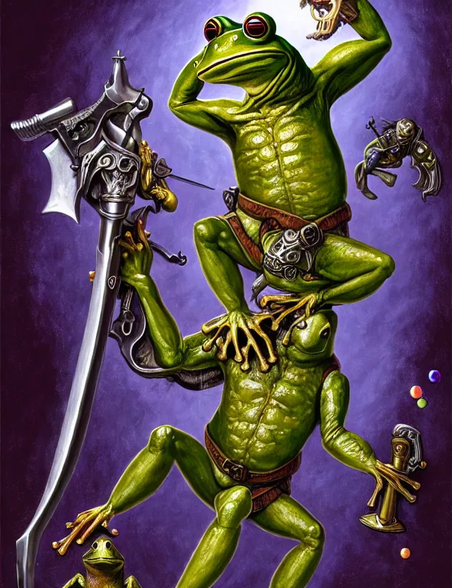 Image similar to anthropomorphic bipedal frog that is dressed as a medieval fighter, and dual wielding revolver pistols, as a baroque oil painting and d & d character art, by alex grey, standing, fullbody, floating bubbles, enlightenment, mystic, concept art, award - winning, extremely detailed, sharp focus