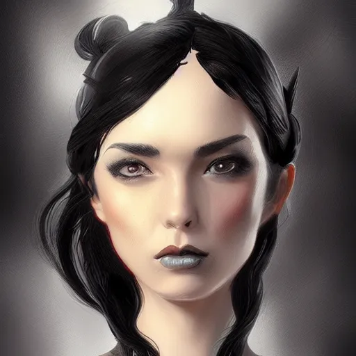 Prompt: portrait, woman with black hair, the lady of ash, elegant, fantasy, artstation, illustration, intricate, sharp focus, digital painting