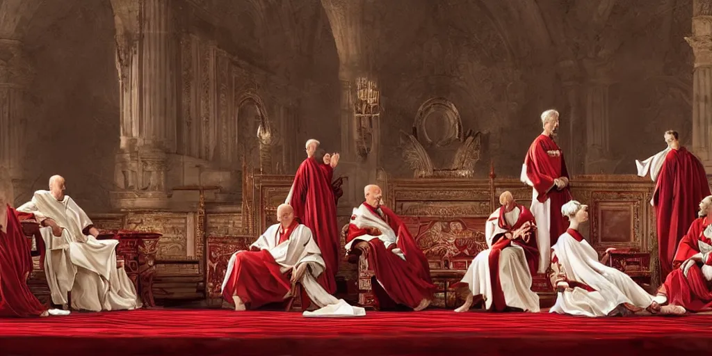 Prompt: ancient senators in royal crimson and white robes sit in tribunes, highly detailed, beautiful cinematic light deep focus, elegant, digital painting, smooth, sharp focus, golden ratio, dramatic illumination, art by aleksi briclot, rutkowski and caravaggio