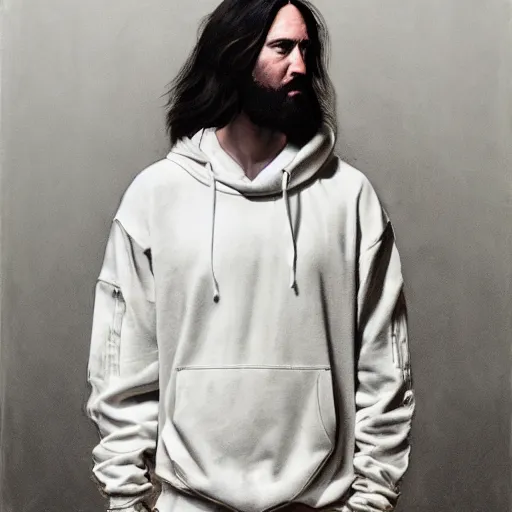 Image similar to a full body lookbook portrait of modern - day jesus wearing virgil abloh off - white menswear and sneaker collection by nicola samori, hat and hoodie, detailed, oil painting, hyper - realistic, 8 k, off - white collection