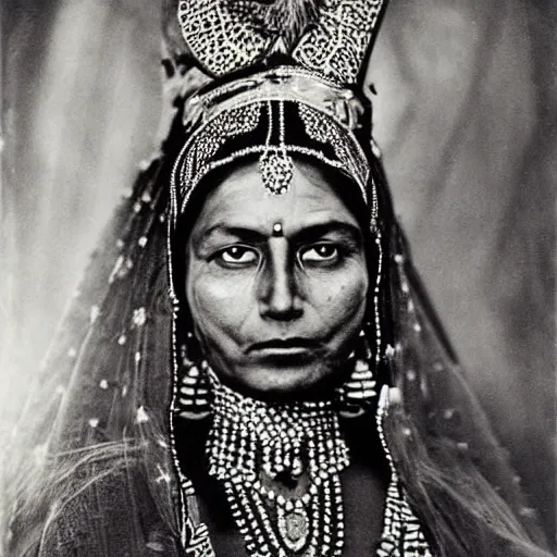 Prompt: vintage photo of an indian queen by edward s curtis, photo journalism, photography, cinematic, national geographic photoshoot