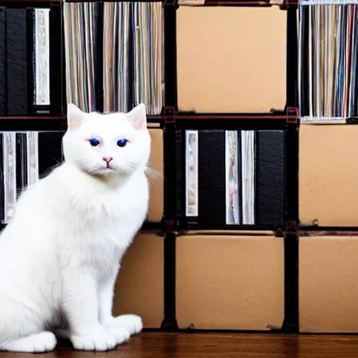 Prompt: a fluffy white cat wearing headphones, listening to recordplayer, surrounded by crates and stacks of vinyl records