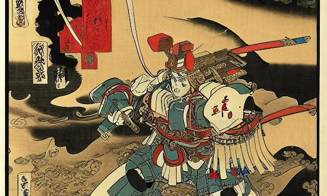 Prompt: samurai mech in feudal japan, in the style of Utagawa Kuniyoshi, classical japanese art, sci-fi illustrations, mechwarrior, battletech, gundam, highly detailed, award-winning, mecha, japanese, dark, gritty, beautiful colors, ink