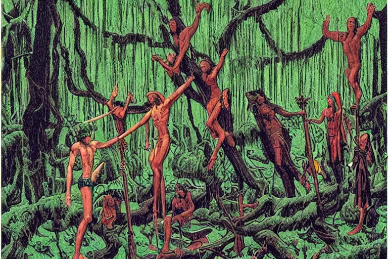 Image similar to scene from louisiana swamps, secret voodoo cult, crucifixion on a tree, artwork by jean giraud