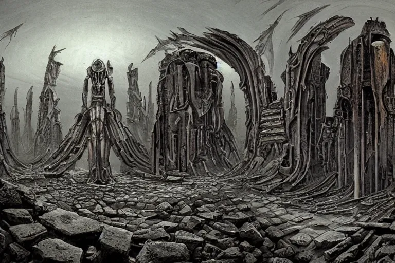 Image similar to opening a portal in the ruins of a familiar city, on mars, in the 4 0 th millenia, by hr giger