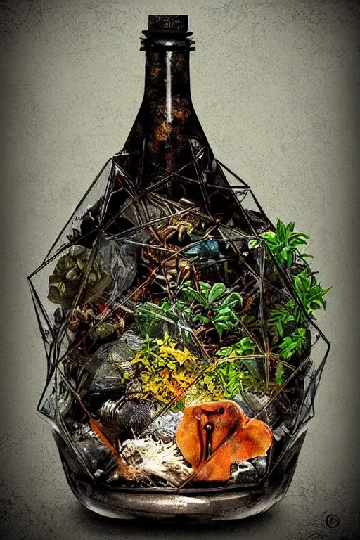 Image similar to a fantasy styled trash inside a terrarium bottle , digital art