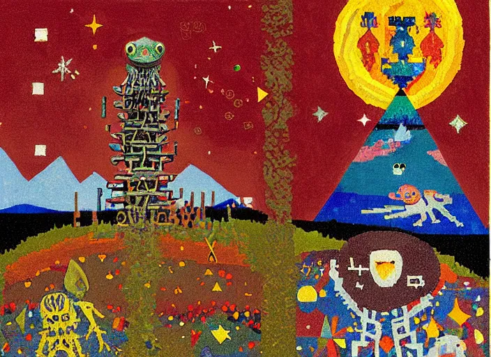 Image similar to pixel decollage painting tarot lovers card composition tower of babel road red armor maggot bear and wonky alien frog skeleton knight on a horse in a dark red cloudy night sky with golden foil jewish stars and diamonds, mountain lake and blossoming field in background, painted by Mark Rothko, Helen Frankenthaler, Danny Fox and Hilma af Klint, pixelated, neo expressionism, semi naive, pastel colors, cinematic, color field painting, cave painting, voxel, pop art look, outsider art, minimalistic. Bill Traylor painting, part by Philip Guston, Amano and Francis Bacon. art by Adrian Ghenie, very coherent symmetrical artwork, cinematic, hyper realism, high detail, octane render, unreal engine, Smooth gradients, depth of field, full body character drawing, extremely detailed, 8k, extreme detail, intricate detail, masterpiece