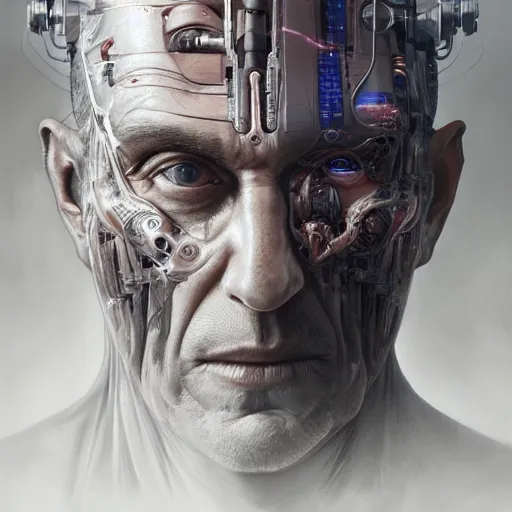 Image similar to centered front face portrait art illustration of an ultradetailed biomechanic evil neuronal cyborg, by greg rutkowski and Zdzisław Beksiński, mechanic, photorealistic, 8k, intricate, futuristic, dramatic light, trending on cg society